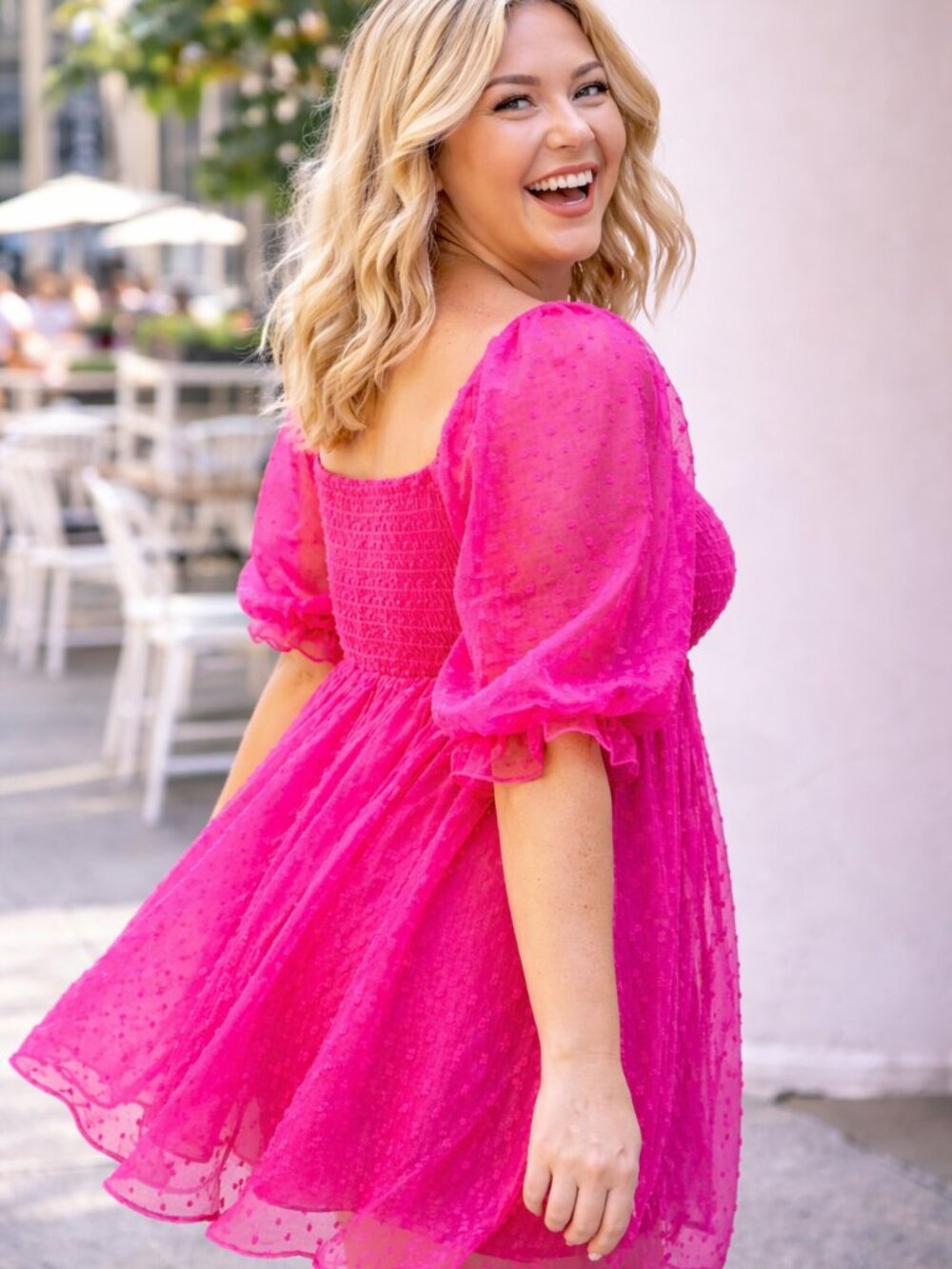 Hot Pink Swiss Dot Smocked Babydoll Mini Dress Puff Sleeve Romantic XL L - Picture 3 of 11